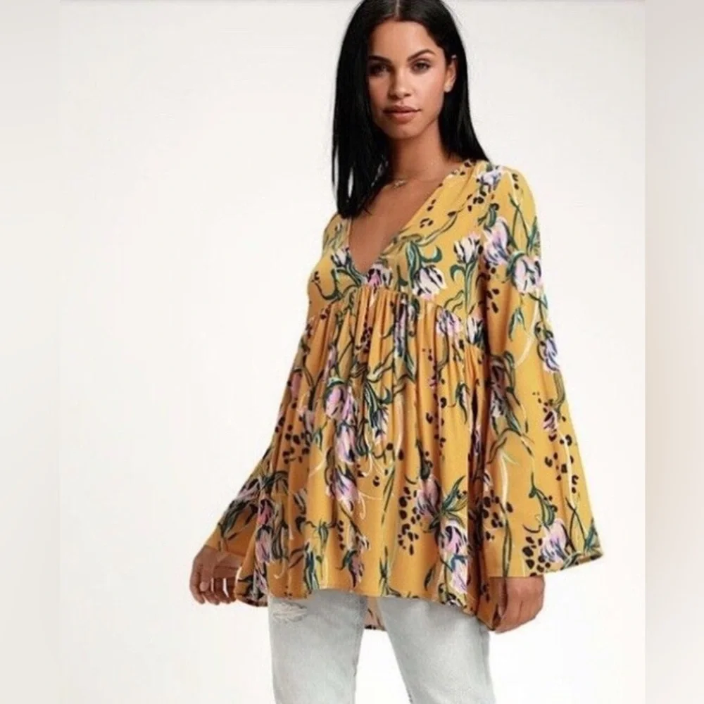 FREE PEOPLE Bella Floral Print Tunic XS Yellow Boho Babydoll Long Sleeve Top
